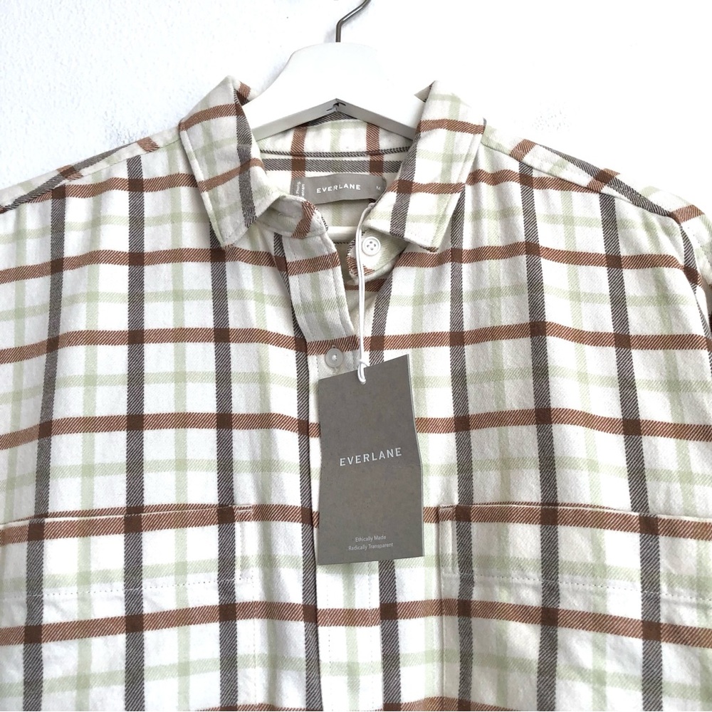NWT Everlane The Boxy Flannel Green Brown Plaid Button Up Shirt Top Size Medium - Picture 5 of 13